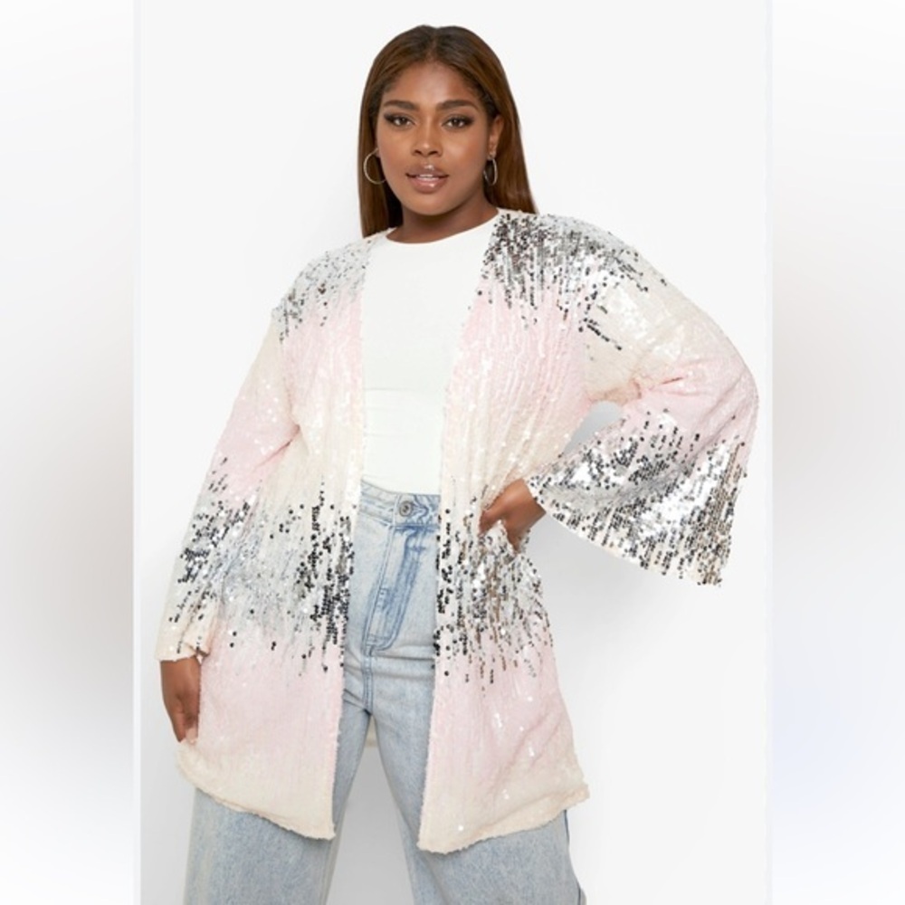 Boohoo Sequin Kimono Cardigan Cream and Pink
